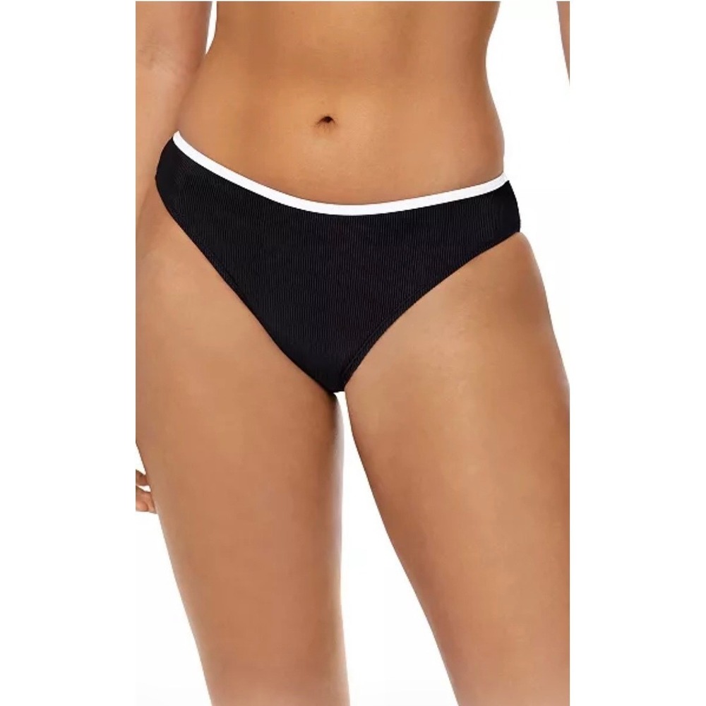 Reebok Womens Ribbed Bikini Bottom Black White High Leg Sporty Swim‎ Size L NEW